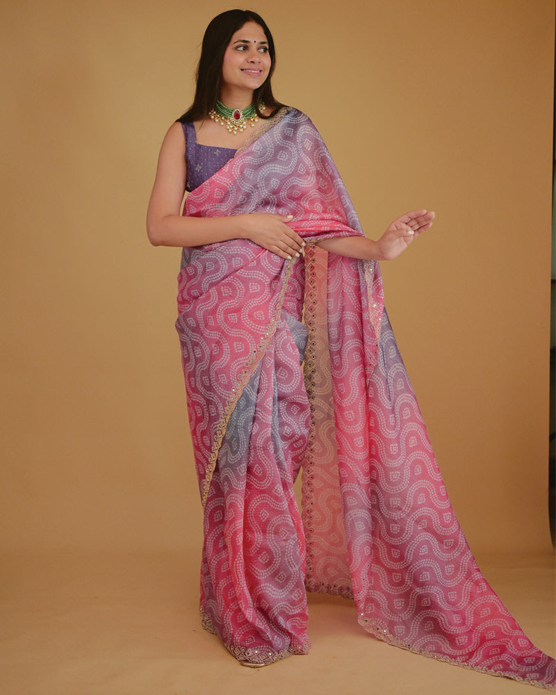Vishal Prints Blush Pink Designer Crushed Tissue Bandhani Print Saree With Fancy Cut Work Border