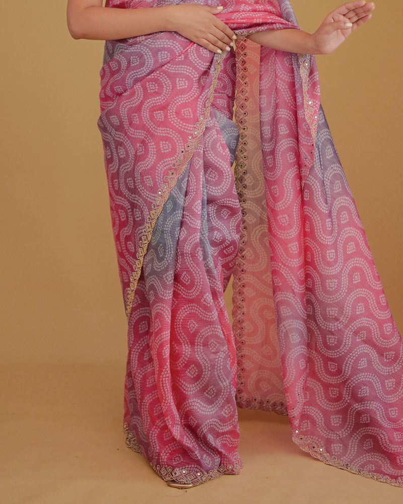 Vishal Prints Blush Pink Designer Crushed Tissue Bandhani Print Saree With Fancy Cut Work Border