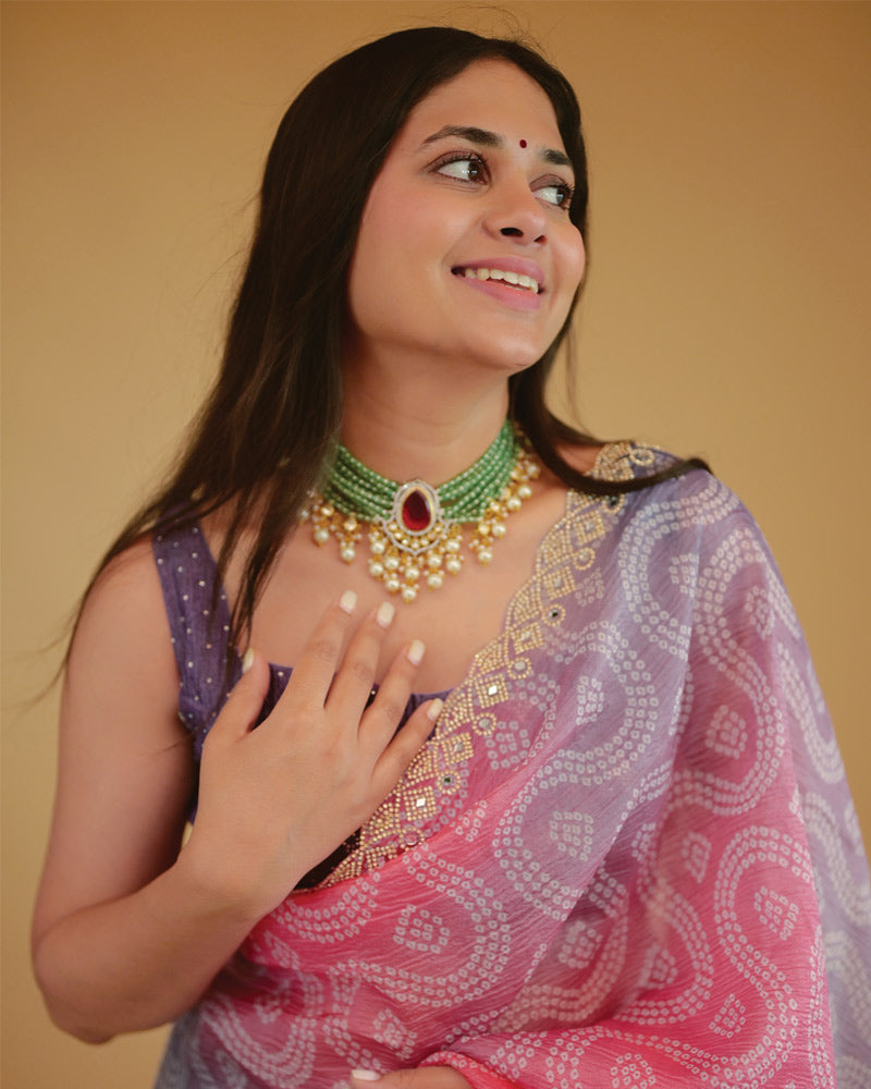 Vishal Prints Blush Pink Designer Crushed Tissue Bandhani Print Saree With Fancy Cut Work Border