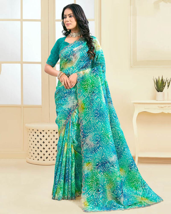 Vishal Prints Teal Green Designer Crushed Tissue Digital Print Saree With Fancy Cut Work Border