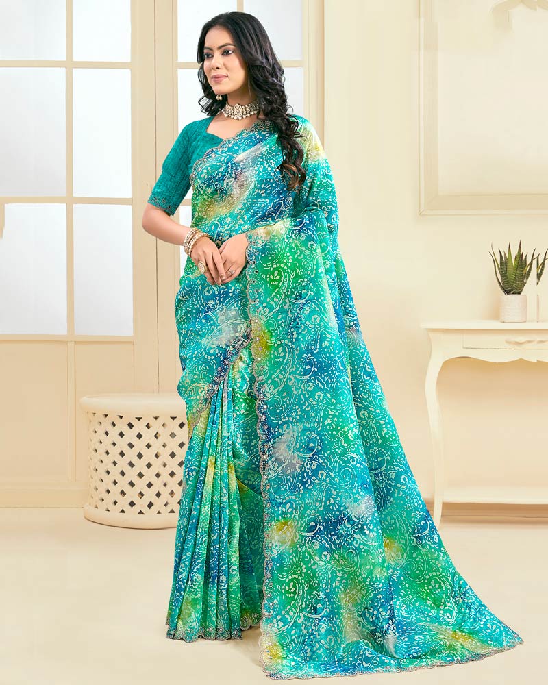 Vishal Prints Teal Green Designer Crushed Tissue Digital Print Saree With Fancy Cut Work Border