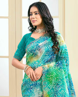 Vishal Prints Teal Green Designer Crushed Tissue Digital Print Saree With Fancy Cut Work Border