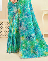 Vishal Prints Teal Green Designer Crushed Tissue Digital Print Saree With Fancy Cut Work Border