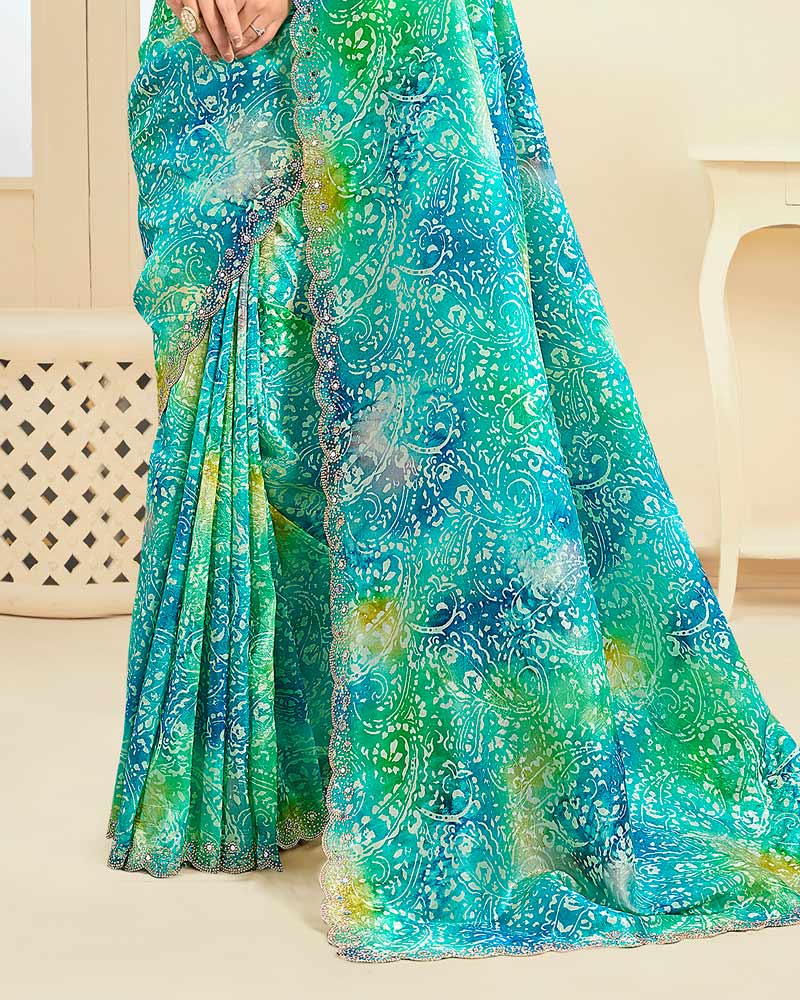 Vishal Prints Teal Green Designer Crushed Tissue Digital Print Saree With Fancy Cut Work Border