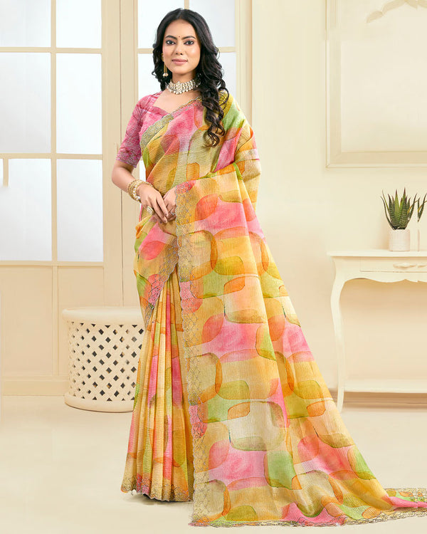 Vishal Prints Multicolor Designer Crushed Tissue Digital Print Saree With Fancy Cut Work Border