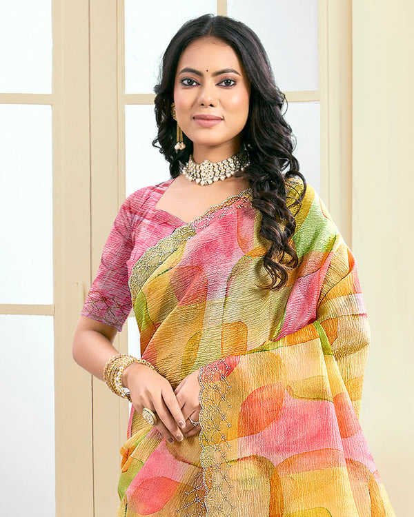 Vishal Prints Multicolor Designer Crushed Tissue Digital Print Saree With Fancy Cut Work Border