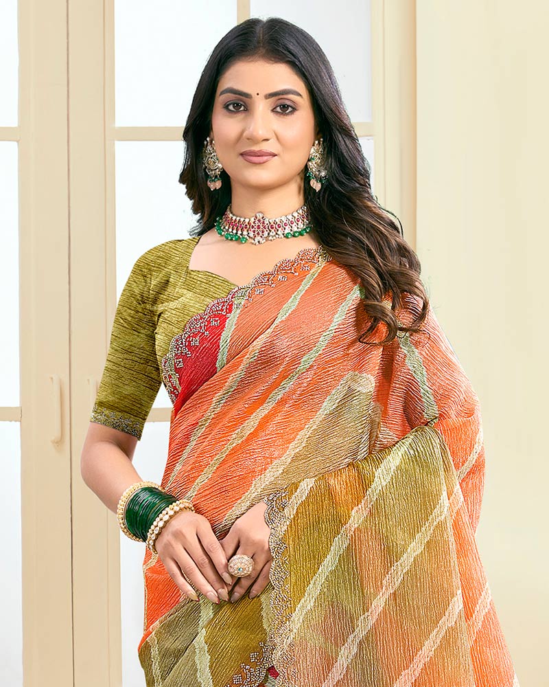 Vishal Prints Faded Orange Designer Crushed Tissue Digital Print Saree With Fancy Cut Work Border