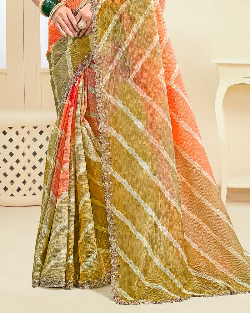 Vishal Prints Faded Orange Designer Crushed Tissue Digital Print Saree With Fancy Cut Work Border