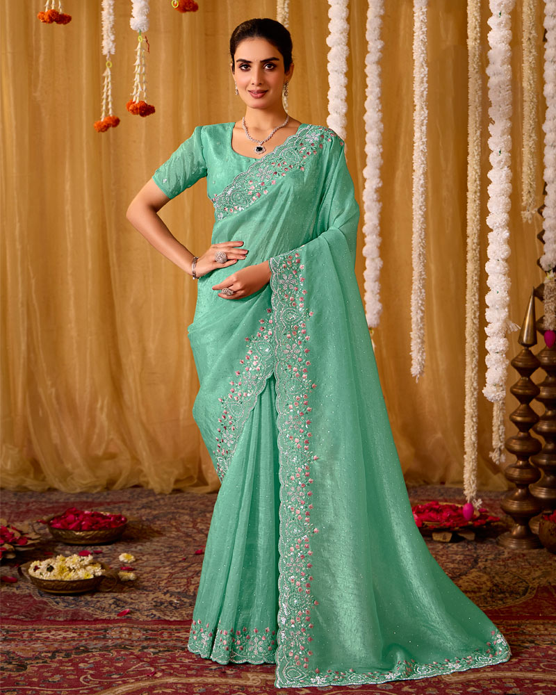 Pastel Sea Green Designer Gold Crush Saree With 4 Sequence Embroidery-Diamond Work And Cut Work Border