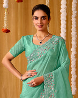 Pastel Sea Green Designer Gold Crush Saree With 4 Sequence Embroidery-Diamond Work And Cut Work Border
