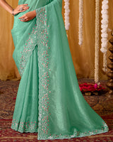 Pastel Sea Green Designer Gold Crush Saree With 4 Sequence Embroidery-Diamond Work And Cut Work Border