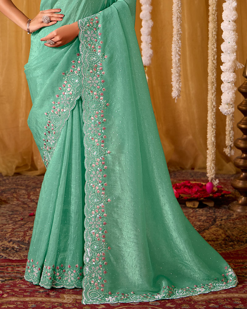 Pastel Sea Green Designer Gold Crush Saree With 4 Sequence Embroidery-Diamond Work And Cut Work Border