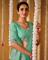 Pastel Sea Green Designer Gold Crush Saree With 4 Sequence Embroidery-Diamond Work And Cut Work Border