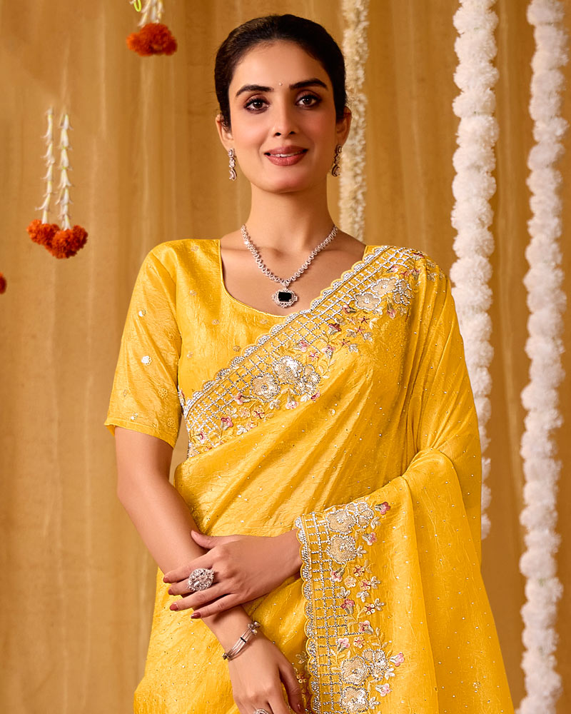 Indian Yellow Designer Gold Crush Saree With 4 Sequence Embroidery-Diamond Work And Cut Work Border