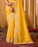 Indian Yellow Designer Gold Crush Saree With 4 Sequence Embroidery-Diamond Work And Cut Work Border