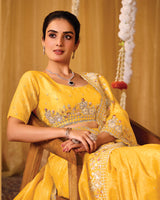 Indian Yellow Designer Gold Crush Saree With 4 Sequence Embroidery-Diamond Work And Cut Work Border