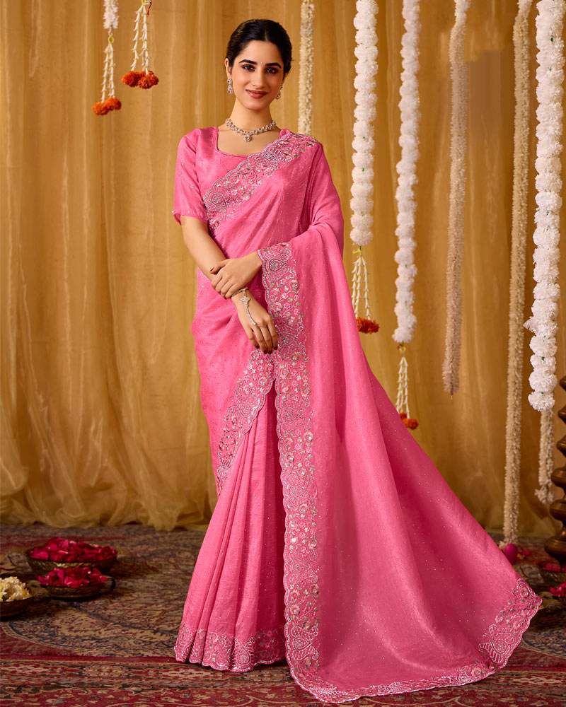 Dark Rosy Pink Designer Gold Crush Saree With 4 Sequence Embroidery-Diamond Work And Cut Work Border