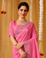 Dark Rosy Pink Designer Gold Crush Saree With 4 Sequence Embroidery-Diamond Work And Cut Work Border