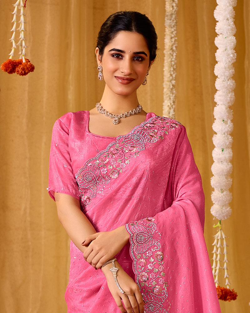 Dark Rosy Pink Designer Gold Crush Saree With 4 Sequence Embroidery-Diamond Work And Cut Work Border