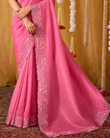 Dark Rosy Pink Designer Gold Crush Saree With 4 Sequence Embroidery-Diamond Work And Cut Work Border