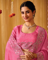 Dark Rosy Pink Designer Gold Crush Saree With 4 Sequence Embroidery-Diamond Work And Cut Work Border