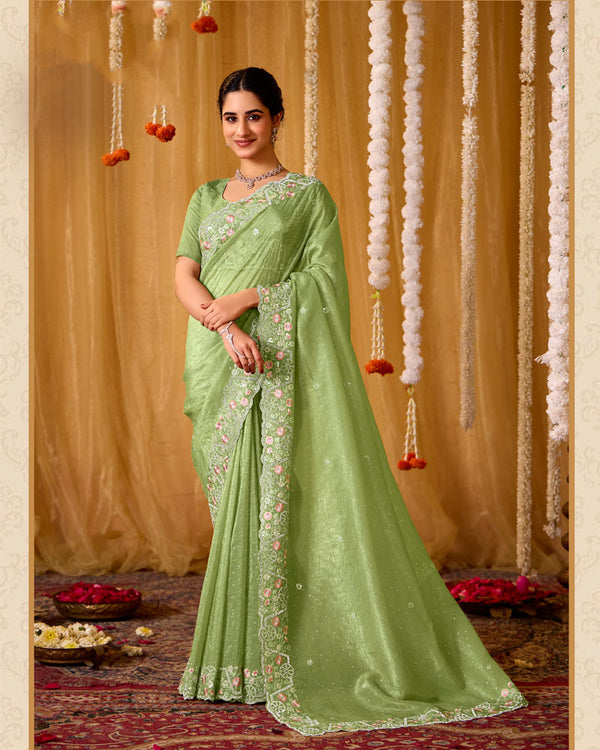 Pistachio Green Designer Gold Crush Saree With 4 Sequence Embroidery-Diamond Work And Cut Work Border