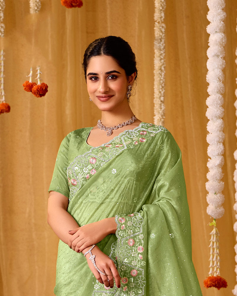 Pistachio Green Designer Gold Crush Saree With 4 Sequence Embroidery-Diamond Work And Cut Work Border