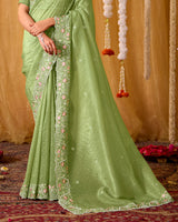 Pistachio Green Designer Gold Crush Saree With 4 Sequence Embroidery-Diamond Work And Cut Work Border