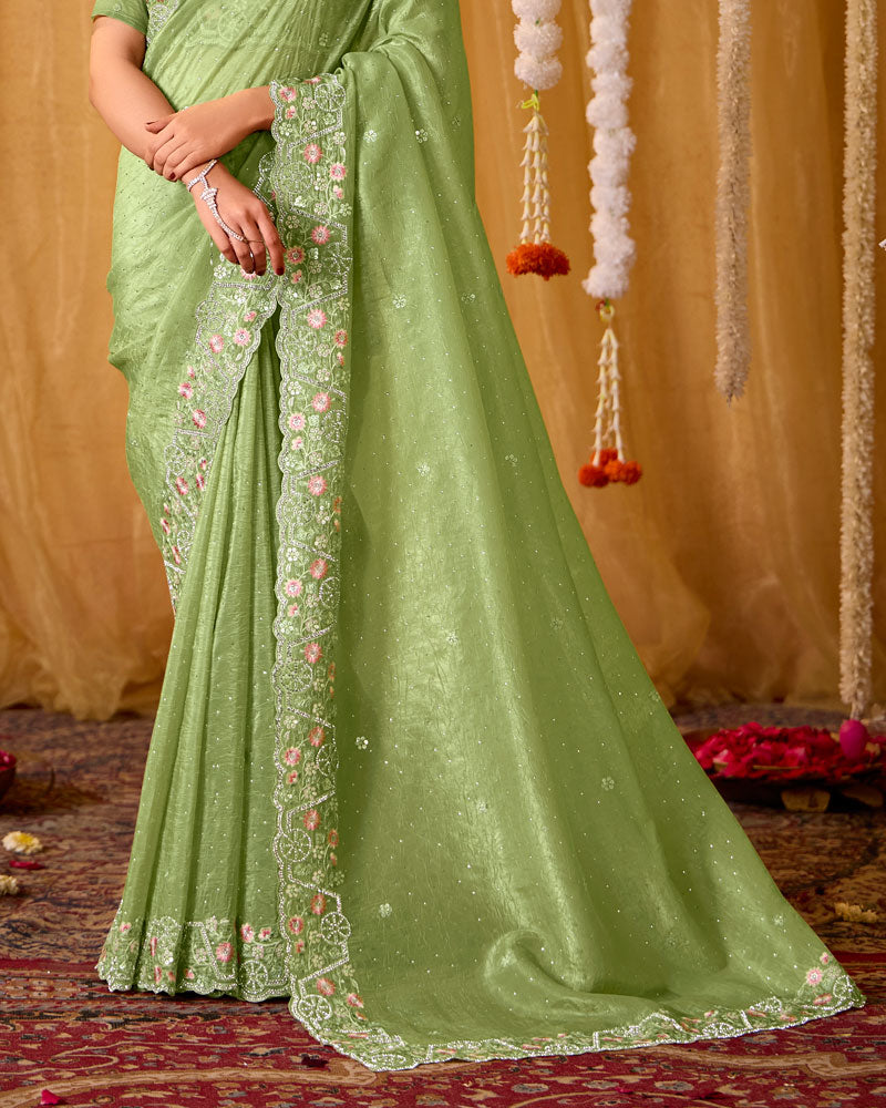 Pistachio Green Designer Gold Crush Saree With 4 Sequence Embroidery-Diamond Work And Cut Work Border