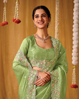 Pistachio Green Designer Gold Crush Saree With 4 Sequence Embroidery-Diamond Work And Cut Work Border