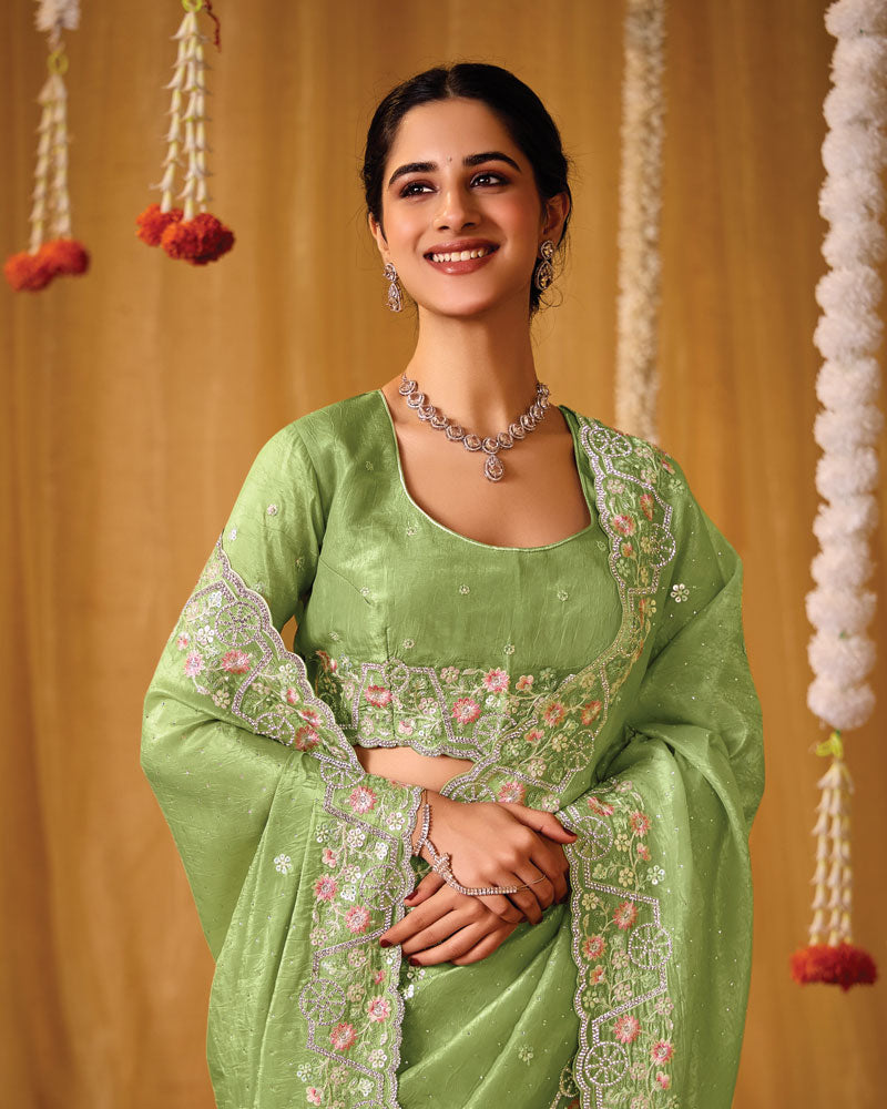 Pistachio Green Designer Gold Crush Saree With 4 Sequence Embroidery-Diamond Work And Cut Work Border