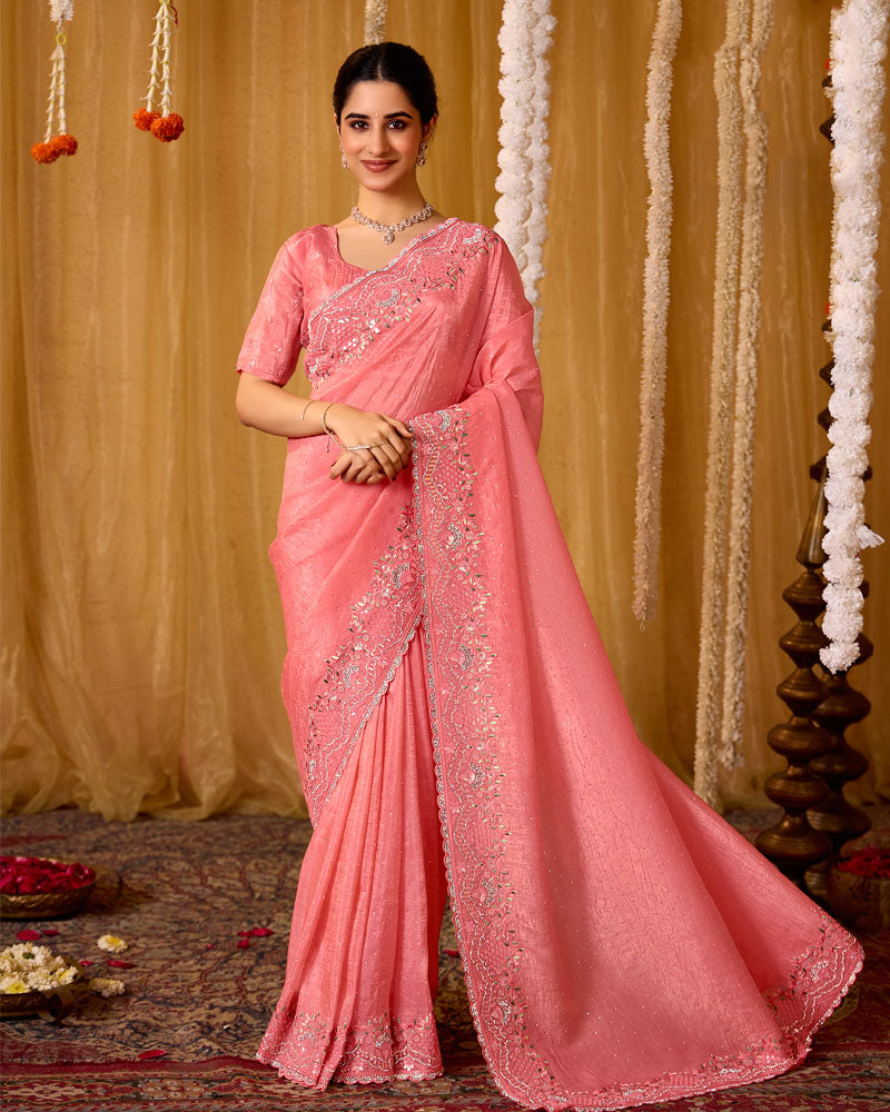 Coral Pink Designer Gold Crush Saree With 4 Sequence Embroidery-Diamond Work And Cut Work Border