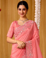 Coral Pink Designer Gold Crush Saree With 4 Sequence Embroidery-Diamond Work And Cut Work Border