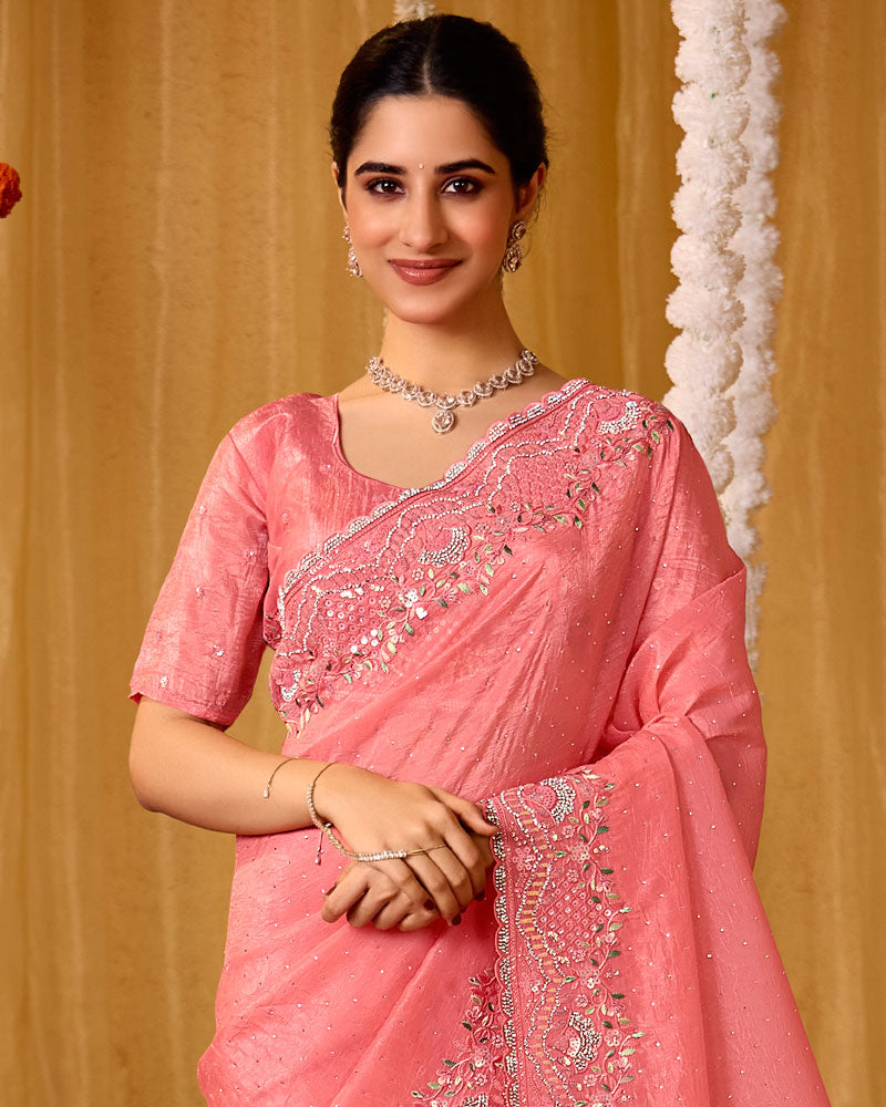 Coral Pink Designer Gold Crush Saree With 4 Sequence Embroidery-Diamond Work And Cut Work Border