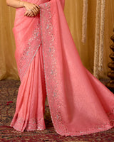 Coral Pink Designer Gold Crush Saree With 4 Sequence Embroidery-Diamond Work And Cut Work Border