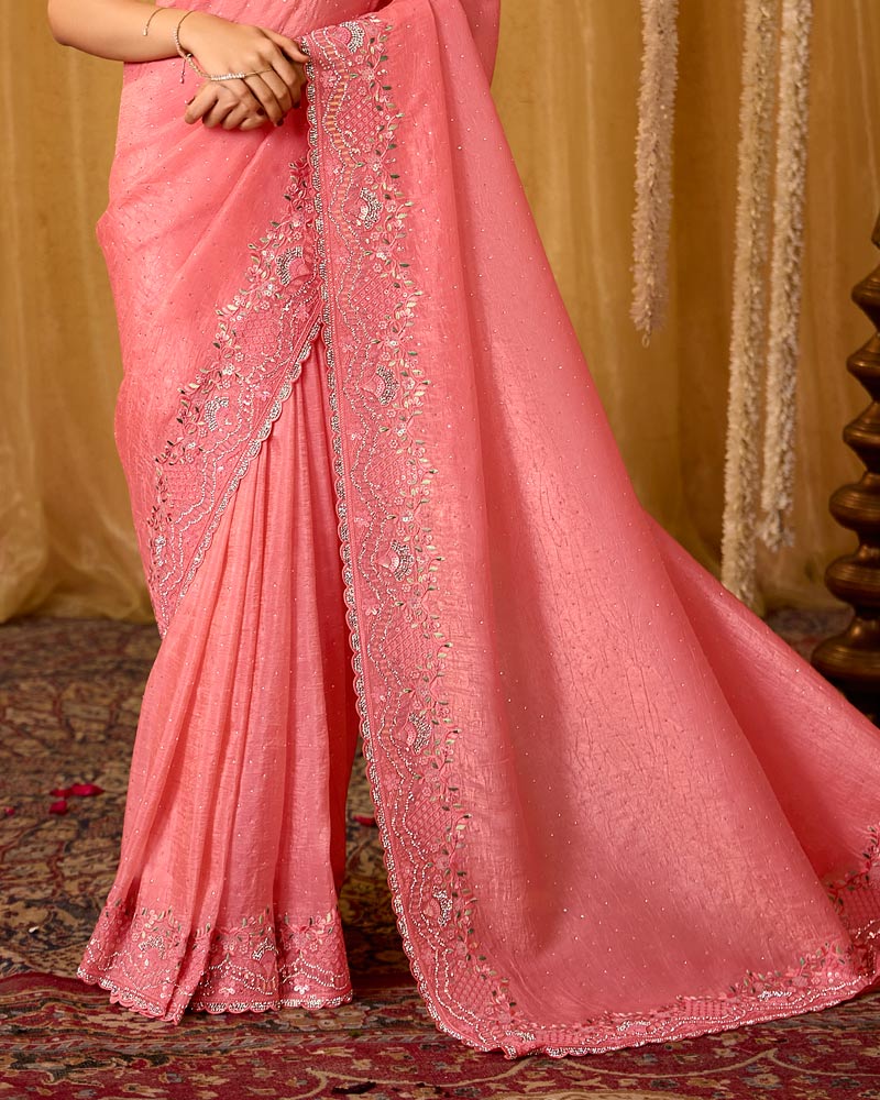 Coral Pink Designer Gold Crush Saree With 4 Sequence Embroidery-Diamond Work And Cut Work Border