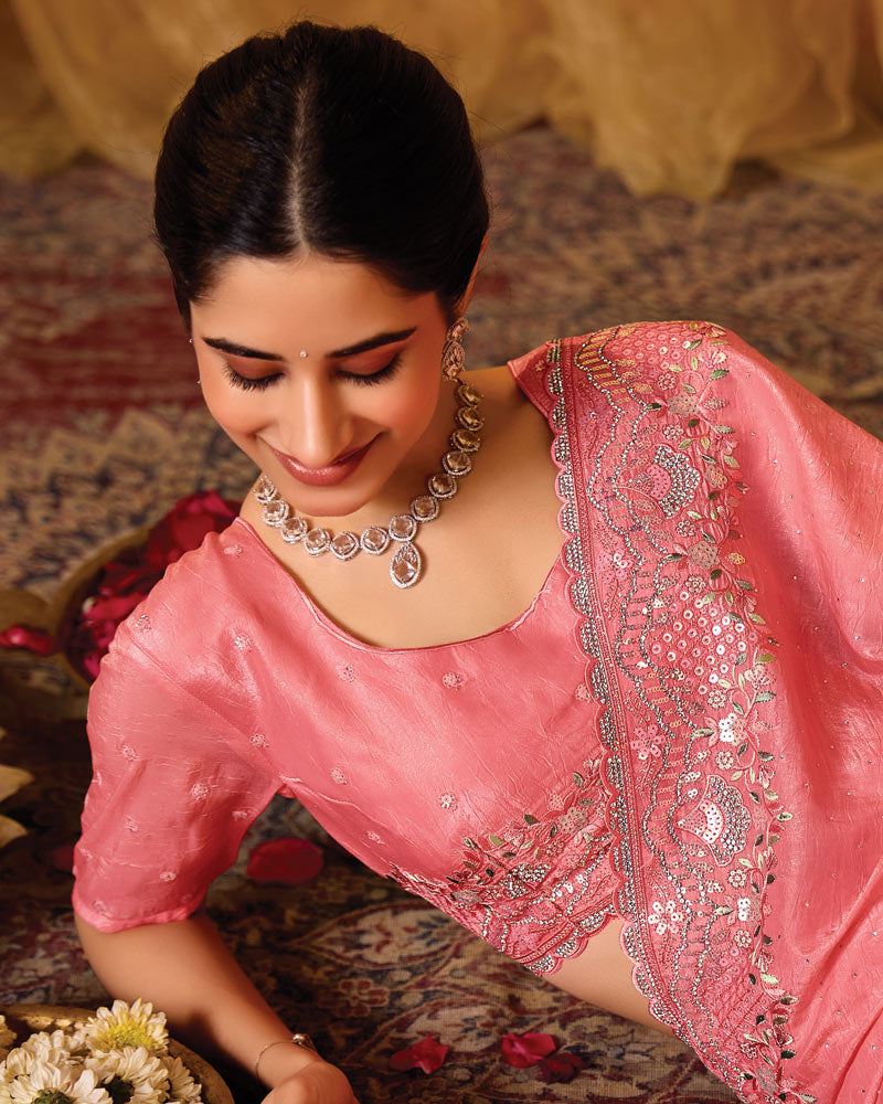 Coral Pink Designer Gold Crush Saree With 4 Sequence Embroidery-Diamond Work And Cut Work Border