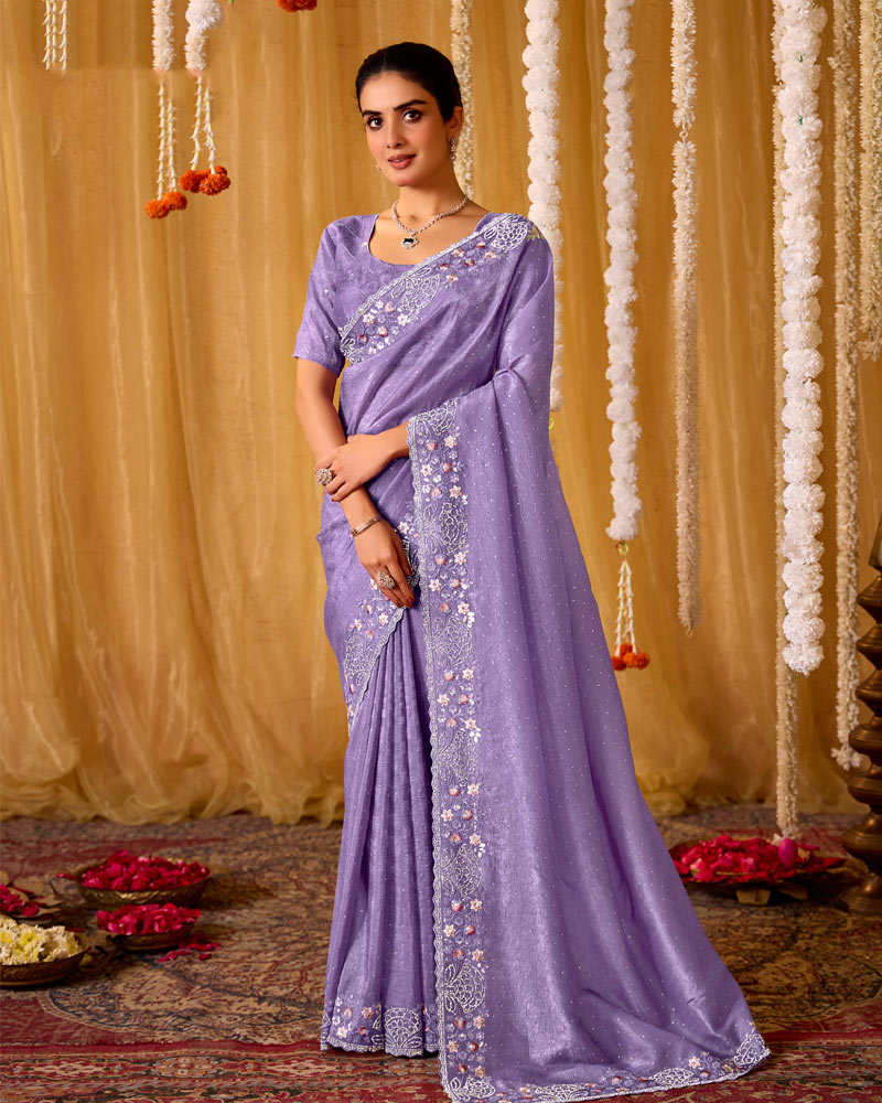 Lavender Designer Gold Crush Saree With 4 Sequence Embroidery-Diamond Work And Cut Work Border
