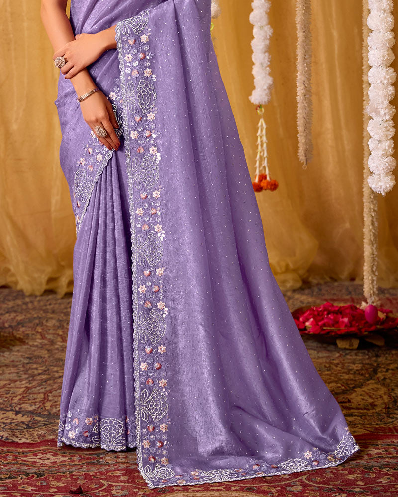 Lavender Designer Gold Crush Saree With 4 Sequence Embroidery-Diamond Work And Cut Work Border