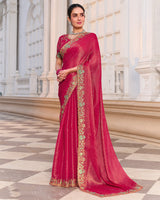 Bright Maroon Designer Fancy Chiffon Saree With Zari-Embroidery-Diamond Work And Cut Work Border