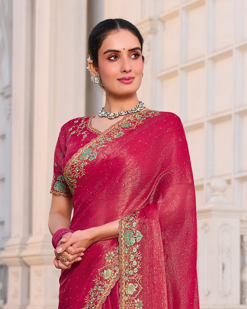 Bright Maroon Designer Fancy Chiffon Saree With Zari-Embroidery-Diamond Work And Cut Work Border