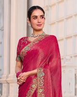 Bright Maroon Designer Fancy Chiffon Saree With Zari-Embroidery-Diamond Work And Cut Work Border