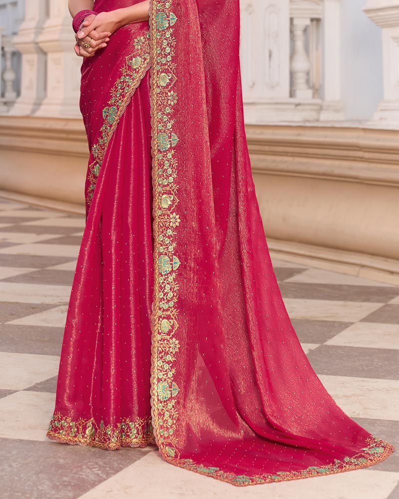Bright Maroon Designer Fancy Chiffon Saree With Zari-Embroidery-Diamond Work And Cut Work Border