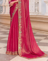 Bright Maroon Designer Fancy Chiffon Saree With Zari-Embroidery-Diamond Work And Cut Work Border