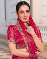 Bright Maroon Designer Fancy Chiffon Saree With Zari-Embroidery-Diamond Work And Cut Work Border