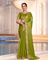 Olive Green Designer Fancy Chiffon Saree With Zari-Embroidery-Diamond Work And Cut Work Border