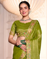 Olive Green Designer Fancy Chiffon Saree With Zari-Embroidery-Diamond Work And Cut Work Border