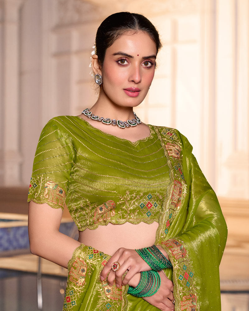 Olive Green Designer Fancy Chiffon Saree With Zari-Embroidery-Diamond Work And Cut Work Border