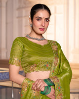 Olive Green Designer Fancy Chiffon Saree With Zari-Embroidery-Diamond Work And Cut Work Border