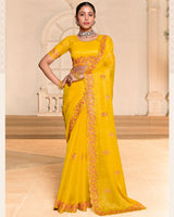Golden Yellow Designer Fancy Chiffon Saree With Zari-Embroidery-Diamond Work And Cut Work Border